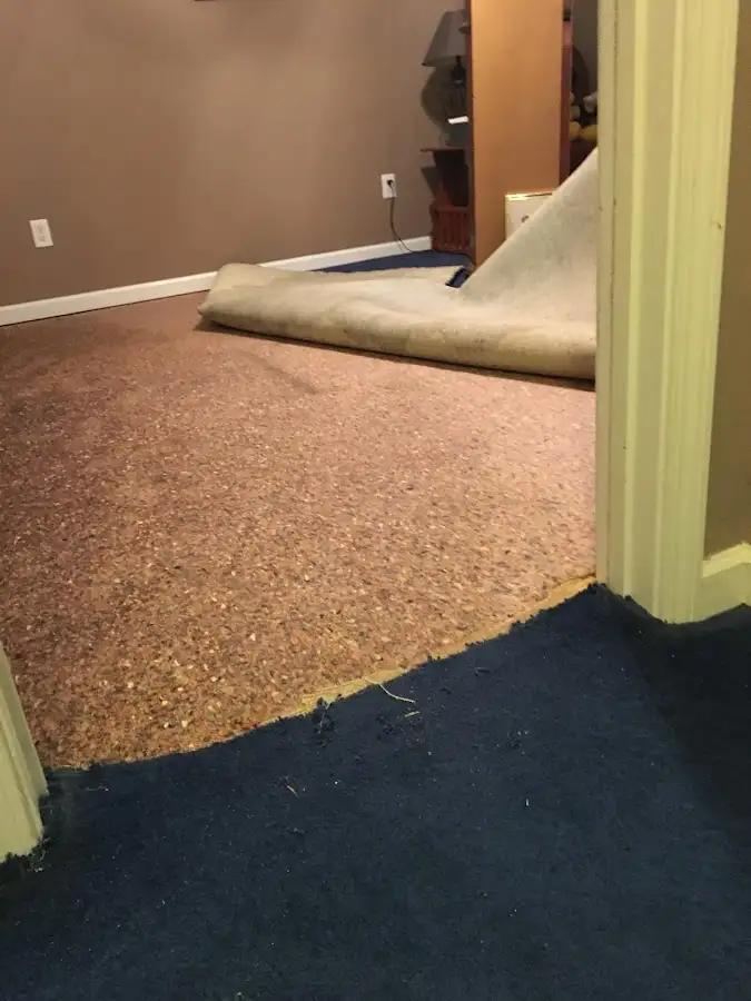 Carpet pad removal revealing water damage during Water Mitigation Services in Steiner Ranch